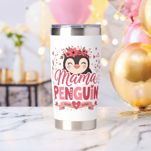 Pink Floral Mama Penguin Motherhood Illustration Insulated Tumbler