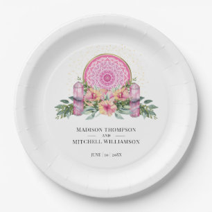 Pink Floral Mandala Crystals Metaphysical Wedding Paper Plates