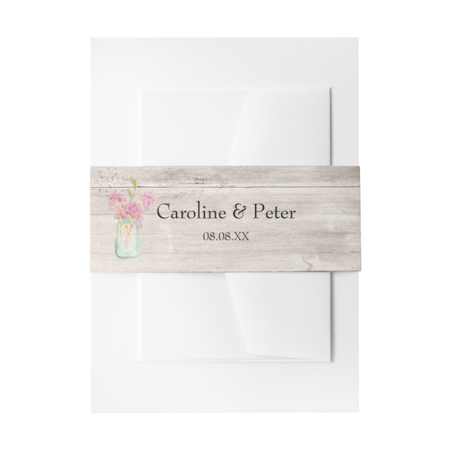 Pink Floral Mason Jar Barn Wood Invitation Invitation Belly Band (Front Example)