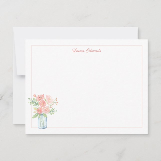 Pink Floral Mason Jar Border Personalized Note Card (Front)