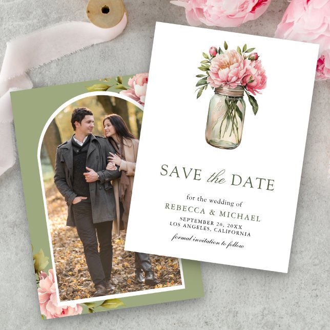 Pink Floral Mason Jar Photo Wedding Save The Date (Creator Uploaded)