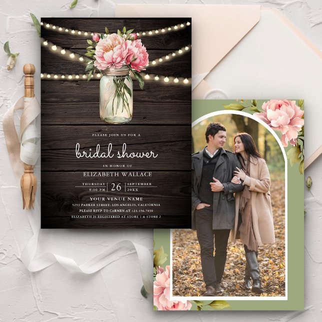 Pink Floral Mason Jar Photo Wood Bridal Shower Invitation (Creator Uploaded)