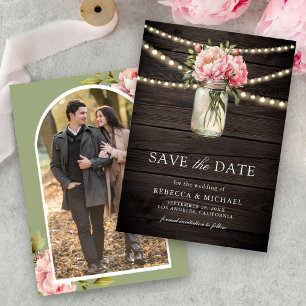 Pink Floral Mason Jar Photo Wood Wedding Save The Date