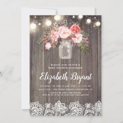 Pink Floral Mason Jar Rustic Lace Baby Shower Invitation
