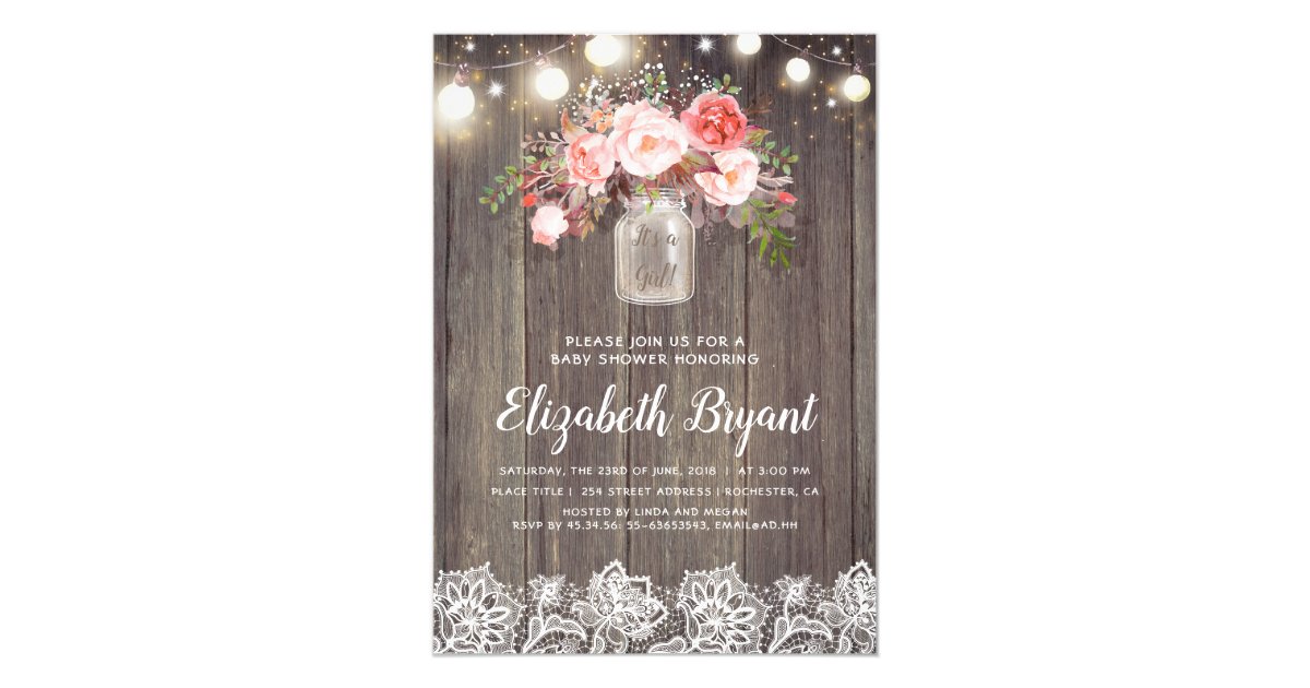Pink Floral Mason Jar Rustic Lace Baby Shower Invitation | Zazzle.com