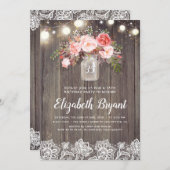 Pink Floral Mason Jar Rustic Lace Birthday Party Invitation (Front/Back)