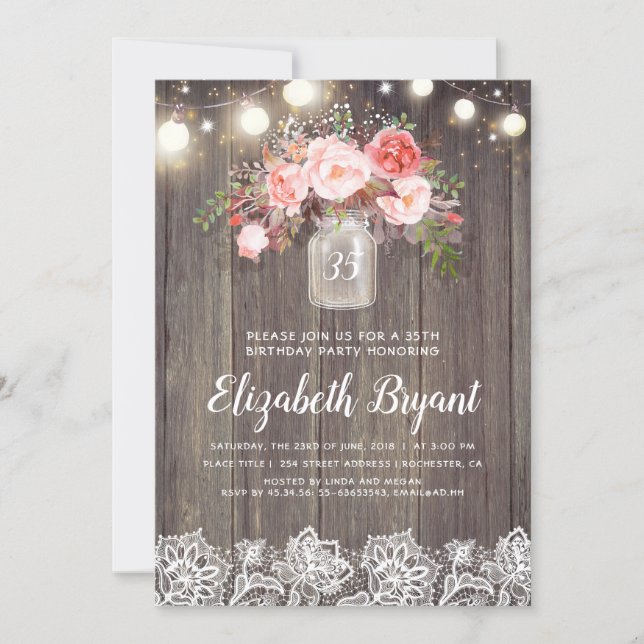 Pink Floral Mason Jar Rustic Lace Birthday Party Invitation (Front)