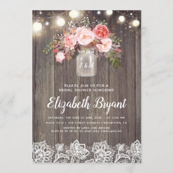 Pink Floral Mason Jar Rustic Lace Bridal Shower Invitation by lovelywow at Zazzle