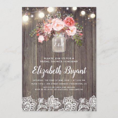 Pink Floral Mason Jar Rustic Lace Bridal Shower Invitation