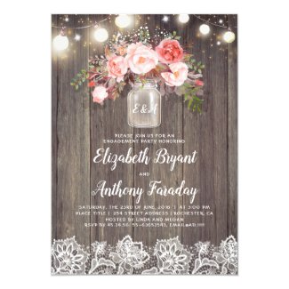 Pink Floral Mason Jar Rustic Lace Engagement Party Invitation