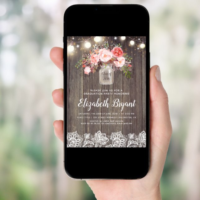 Pink Floral Mason Jar Rustic Lace Graduation Party Invitation (Front Digital)