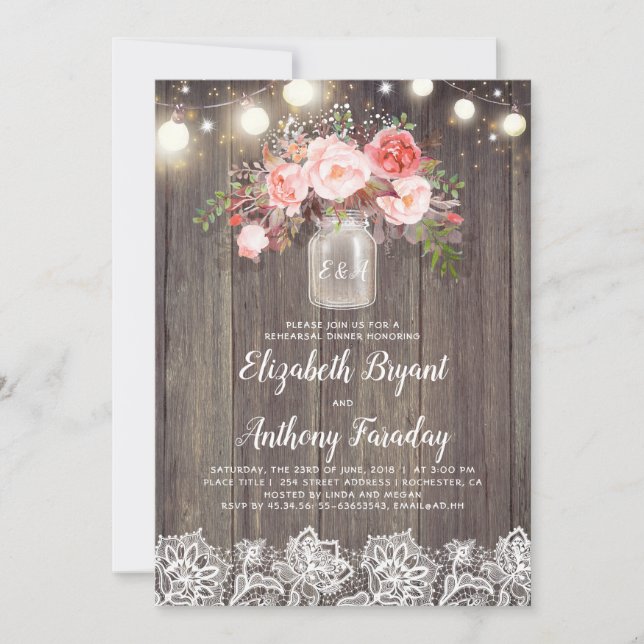 Pink Floral Mason Jar Rustic Lace Rehearsal Dinner Invitation (Front)