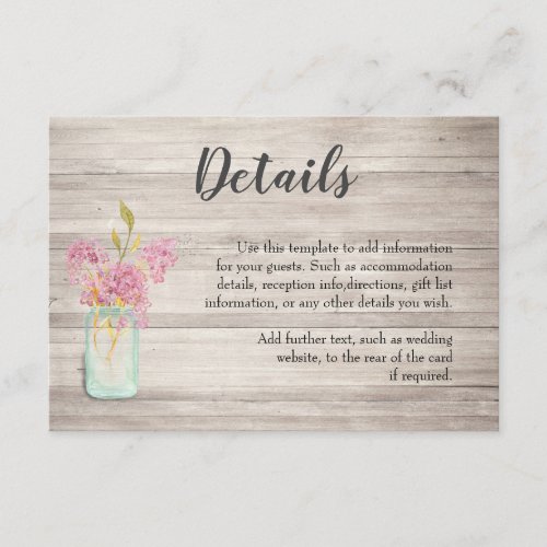 Pink Floral Mason Jar Rustic Wedding Details Card