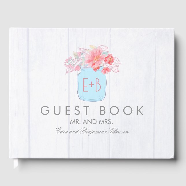 Pink Floral Mason Jar Rustic Wedding Guest Book (Front)