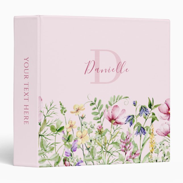  Pink Floral Meadow Monogram Name 3 Ring Binder (Front/Spine)