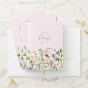 Pink Floral Meadow Monogram  Pocket Folder