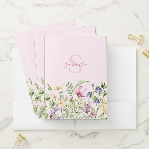 Pink Floral Meadow Monogram  Pocket Folder