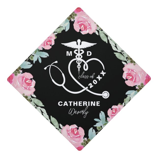Pink Floral Medical School Graduation Cap Topper (Front)