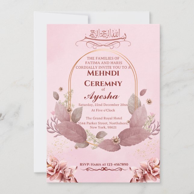 Pink Floral Mehndi Islamic Wedding Invitation Card (Front)