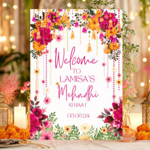 Pink Floral Mehndi Welcome Sign Mendhi Board for