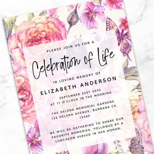 Pink Floral Memorial Celebration of Life Invitation