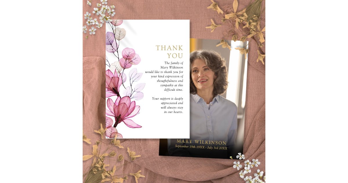 Pink Floral Memorial Celebration Of Life Photo Thank You Card | Zazzle