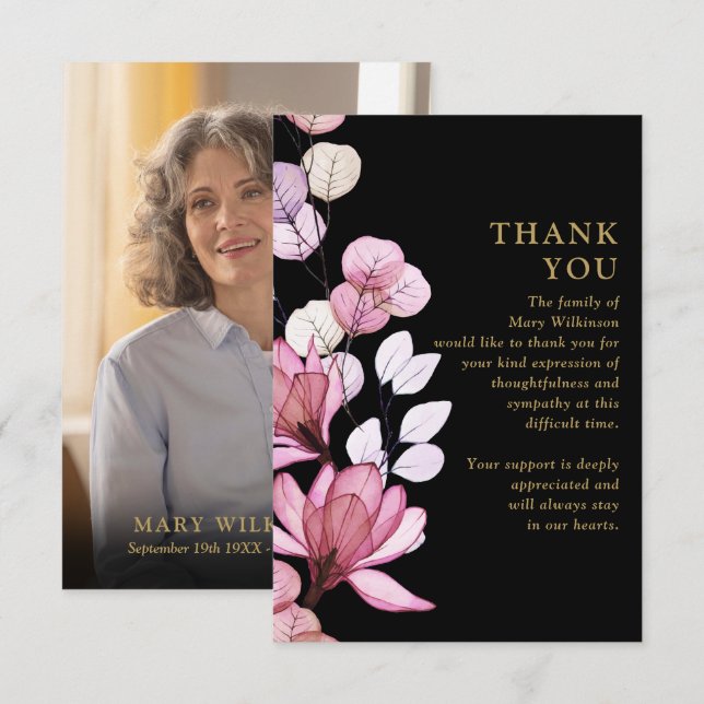 Pink Floral Memorial Celebration Of Life Photo Thank You Card (Front/Back)