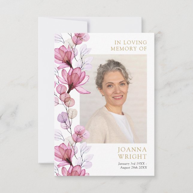 Pink Floral Memorial Funeral Prayer Photo Card (Front)