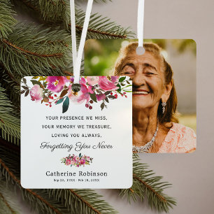 Pink Floral Memorial Photo Christmas Metal Ornament