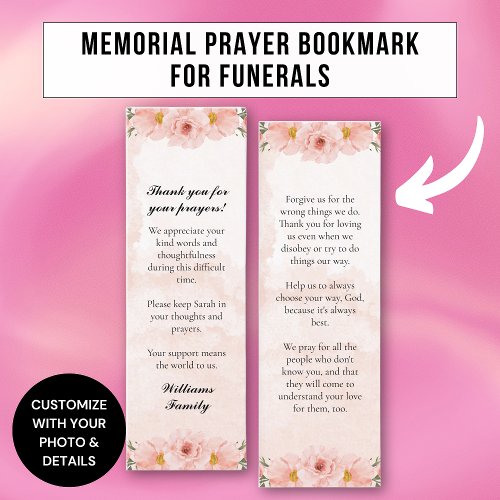 Pink Floral Memorial Prayer Custom Card Bookmark