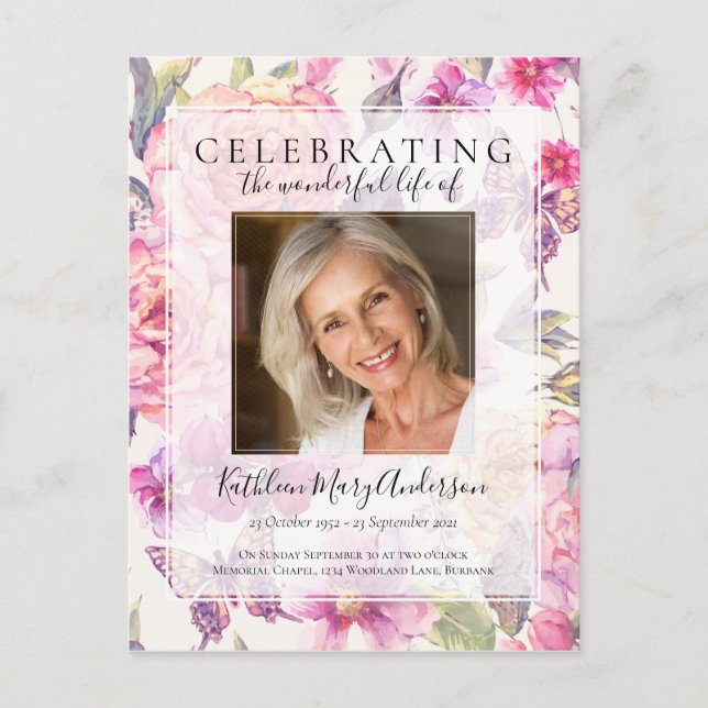 Pink Floral Memorial Service Invitation Postcard (Front)