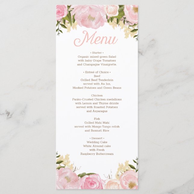 Pink Floral Menu Bridal Shower Wedding (Front)