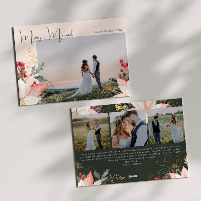 Pink Floral Merry and Married Four Photo Christmas Holiday Card (Creator Uploaded)