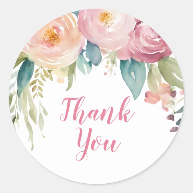 Pink Floral Minimalist Thank You Classic Round Sticker (Front)
