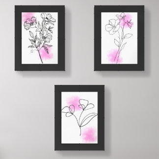 Pink Floral Minimalist Wall Art Print Set of 3