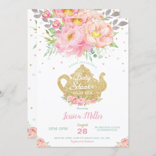 Pink Floral Mint Baby Shower High Tea Party Girl Invitation