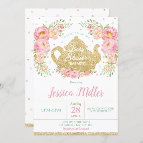 Pink Floral Mint Baby Shower Tea Party Baby Girl Invitation