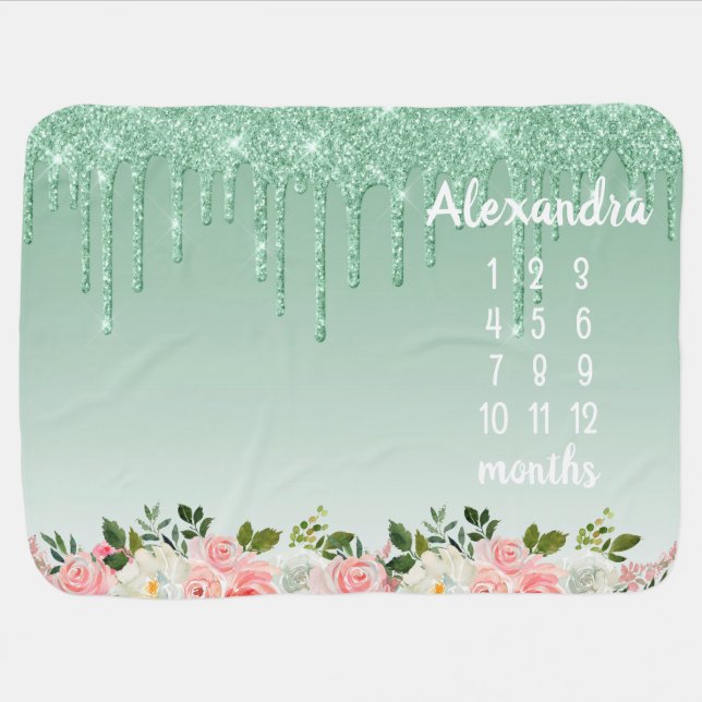 Pink Floral Mint Green Glitter Drips Milestone Baby Blanket (Horizontal)