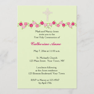 Pink Floral, Mint Green, Religious Invitation