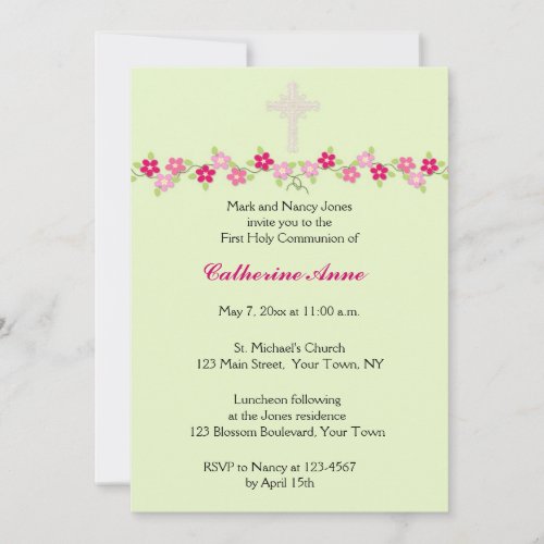 Pink Floral, Mint Green, Religious Invitation