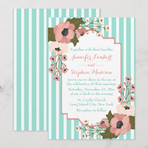 Pink Floral Mint Green Turquoise Stripes Wedding Invitation