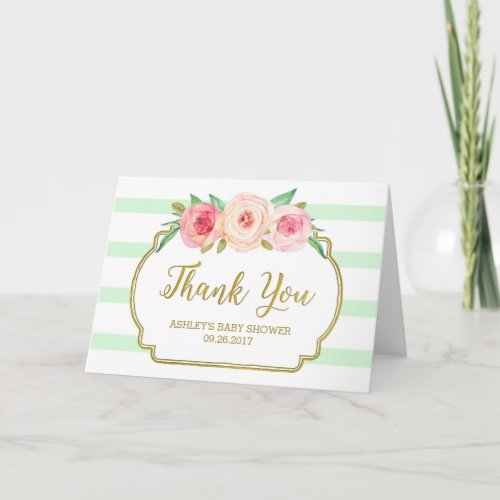 Pink Floral Mint Stripes Baby Shower Thank You