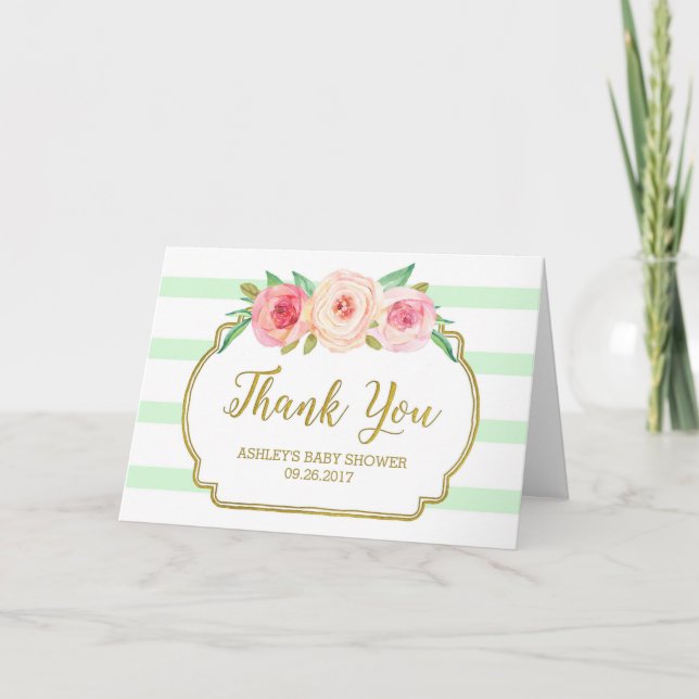 Pink Floral Mint Stripes Baby Shower Thank You (Front)