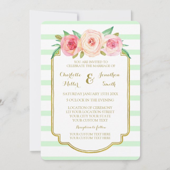 Pink Floral Mint Stripes Gold Wedding Invitations (Back)