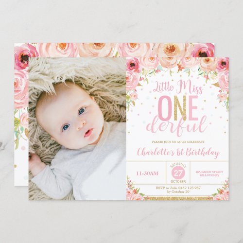 Pink Floral Miss Onederful 1st Birthday Photo Invitation