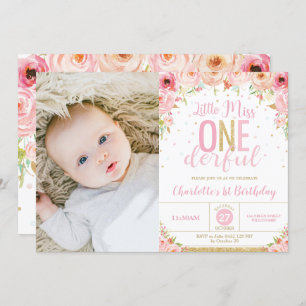 Pink Floral Miss Onederful 1st Birthday Photo Invitation