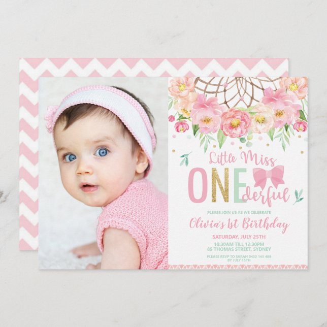 Pink Floral Miss Onederful 1st Birthday Photo Invitation (Front/Back)