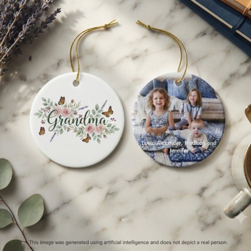 Pink Floral Monarch Butterfly Grandma Photo Gift Ceramic Ornament