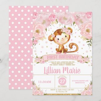 Pink Floral Monkey 1st Birthday Invitation Girl