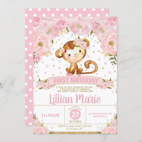 Pink Floral Monkey 1st Birthday Invitation Girl